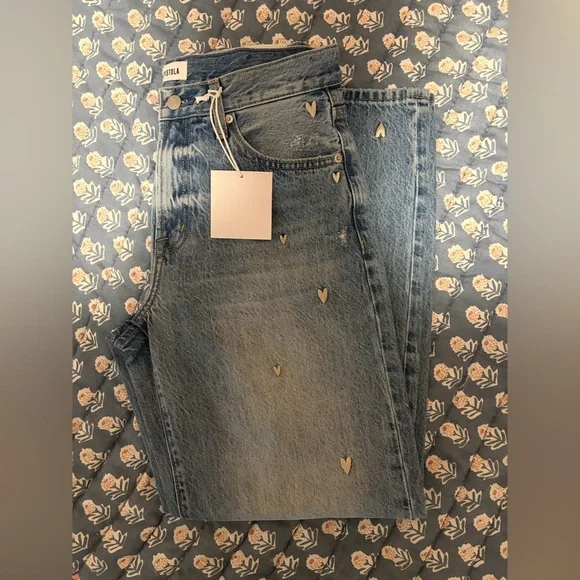 NWT Pistola Lexi Confetti Heart Embroidered Bowed Straight Jeans | Size 28 - Picture 7 of 9